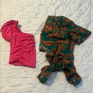 SHEIN Green and Orange Floral Wrap Blouse and Pink Crop bundle